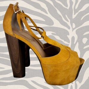 Jessica Simpson Yellow Microsuede Platform Sandal with Wood Heel Size 9